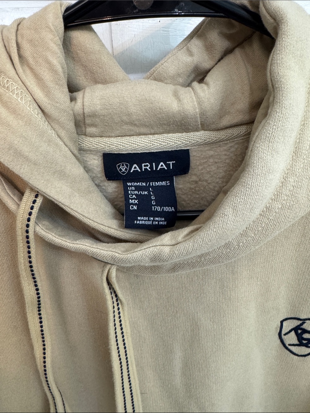 Ariat Tan Pullover Hoodie with Navy Logos. Equestrian western. Size L - Picture 2 of 6